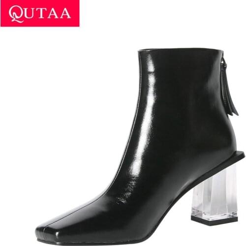 QUTAA 2021 Transparent Square High Heel Fashion Ankle Boots Autumn Winter Cow Leather Square Toe Zipper Women Shoes Size 34-39