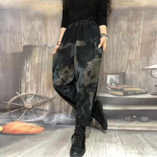 2021 Autumn New Arts Style Women Elastic Waist Loose Casual Jeans Splice Vintage Print Cotton Denim Harem Pants Female Jeans