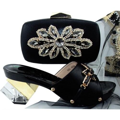 New Arrival Black Color African Women shoes heel Italian Shoes and Bag Set Decorated with Rhinestone Italian Ladies Shoes QSL006