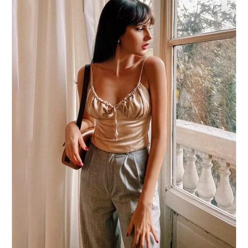 Solid Color Spaghetti Strap Top Women White/Black Sexy Casual Sleeveless Camis Tops Tees Satin Silk Crop Top 2020 Femme Tanks