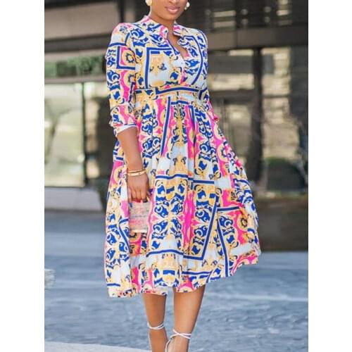 Women Printed Dress High Waist A Line Three Quarter Sleeves Mide Elegant Office Ladies Classy Floral Vestidos New Female Robes