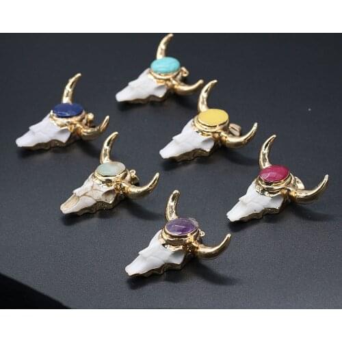 1pcs Natural Stone Bull Head Bone Plus Egg Shape Faceted Charm Pendant for Necklace Bracelet Accessories Jewelry Making 46x46mm