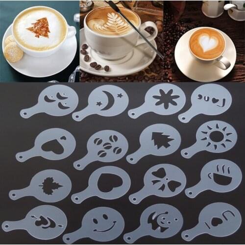 16Pcs Mold Coffee Milk Cake Cupcake Stencil Template Coffee Barista Cappuccino Template Strew Pad Duster Spray Tools