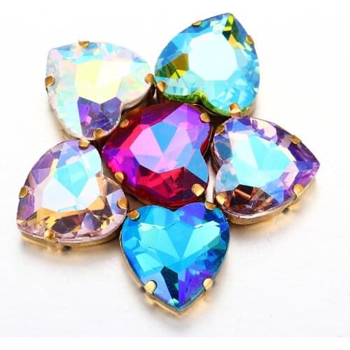AB Heart shape Mixed color Glass Crystal Flatback Strass Sew-on Rhinestones for Craft Christmas Clothing Garment Decoration