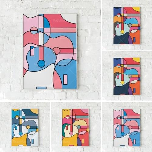 Music abstract poster, guitar abstract art, music printing colorful abstract painting, cubism art, guitar wall art, mid-century