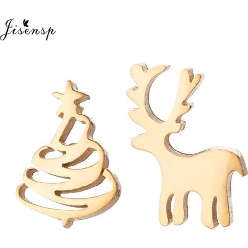 Jisensp Cute Small Deer Christmas Tree Stud Earrings for Women Girls Stainless Steel Asymmetric Animal Earrings Everyday Jewelry