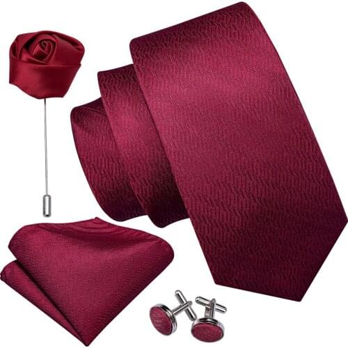 Red Solid Novelty Men Tie Wedding Silk Necktie Brooch Handkerchief Cufflink Set Fashion Designer Barry.Wang Ties For Men Gift