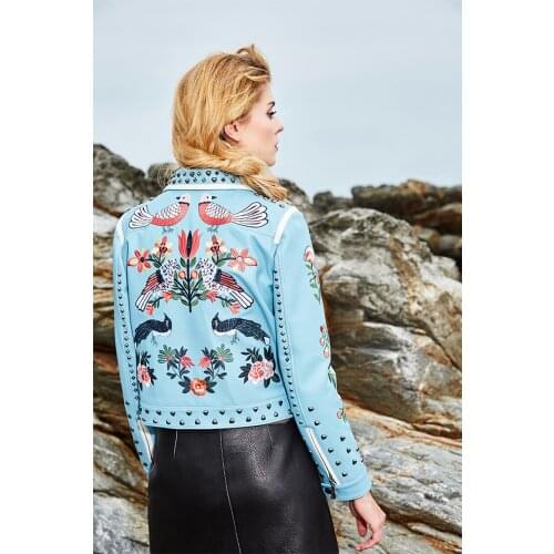 Geniune Sheepskin Leather Jacket Rivet Embroidery Outwear Spring Autumn High Quality Coat 16E2340MF328