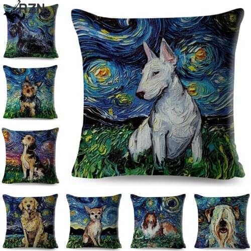 Oil Painting Cartoon Pet Shepherd Dog Cushion Cover Pillow Case 45*45 Thick Pillow Covers Decor Animal Pillows Linen Pillowcase