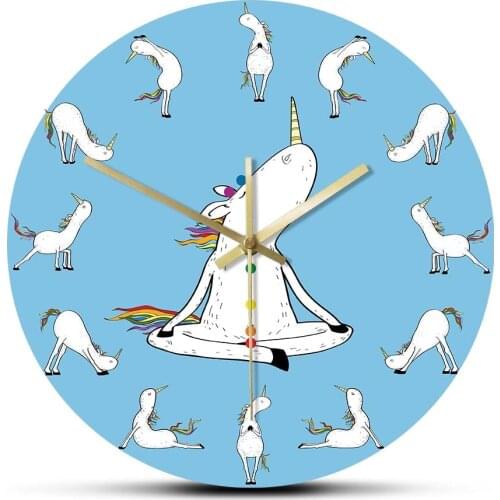 Cute Yoga Unicorn Sun Salutation Wall Clock For Girl Room Magical Rainbow Unicorn Silent Clock Watch Meditation Lover Home Décor