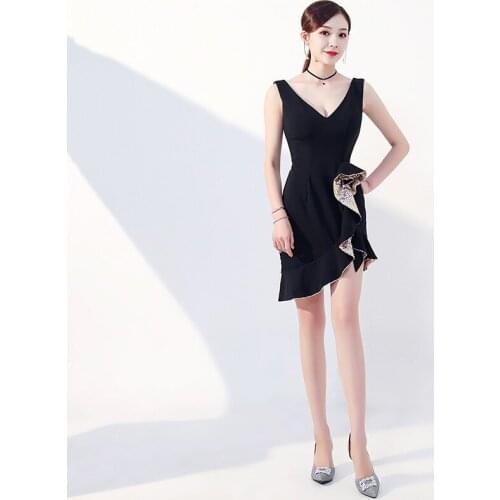 Mini Black Evening Dresses Qi Pao Women Chinese Traditional Clothing Dress Cheongsam Modern Lotus Leaf Slim Party Gown Robe
