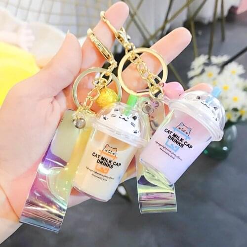 Cartoon Cute Cat Car Keychain Creative Milk Tea Cup Liquid Crystal Quicksand Sequin Key Ring Bag Pendant for Women Bag Key Chain