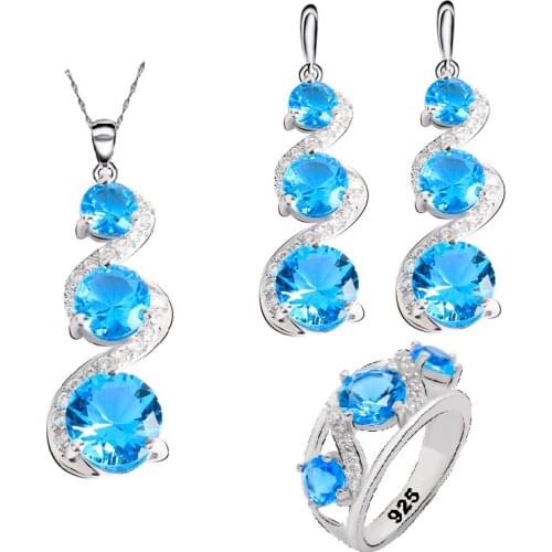 Sky Blue Green Black Stone 925 Silver Jewelry Set for Women Birthday Wedding Earrings Necklace penant Ring