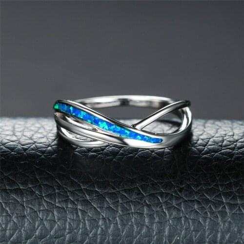 New Fashion Hollow Cross line Rings for Girl anniversary Gift Exquisite Blue Imitation Opal Women Accessories Jewelry