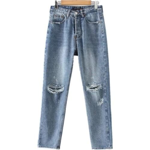 New Versatile Slim Five Button Straight Pants High Waist Ripped Jeans For Women