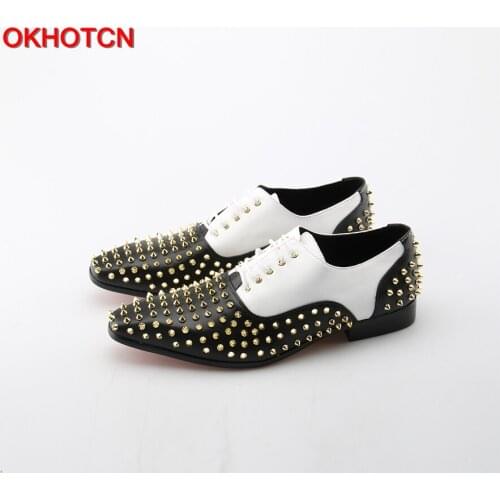 OKHOTCN Men leather shoes with silver rivet Embellished Breathable Cozy Casual style men loafers Lace Up flats Driving Shoes