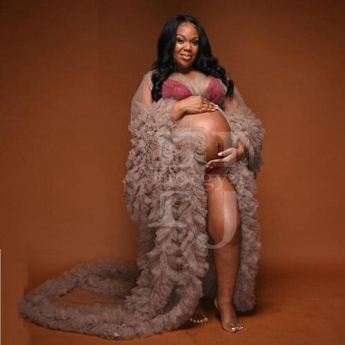 Sexy See Thru Tulle Ruffles Long Pregnant Woman Dresses Kimono Tiered Ruched Robe Prom Gowns Puffy Sleeves African Cape Cloak