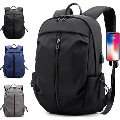 USB Backpack Men Nylon Waterproof Travel Bag New Simple Pure Color Backbag Leisure Light Fitness Male Bag Sports Bag Black Gray