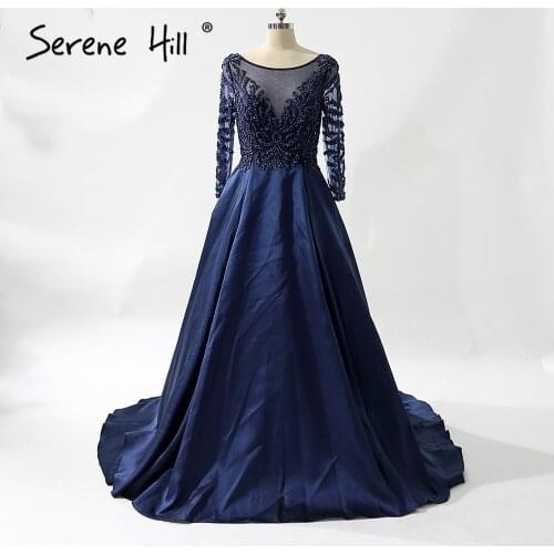 Sexy Long Sleeve Sheer Navy Blue Evening Dresses 2020 Crystal Beaded A-line Long Prom Dress Dubai Real Photo Serene Hill BLA6158