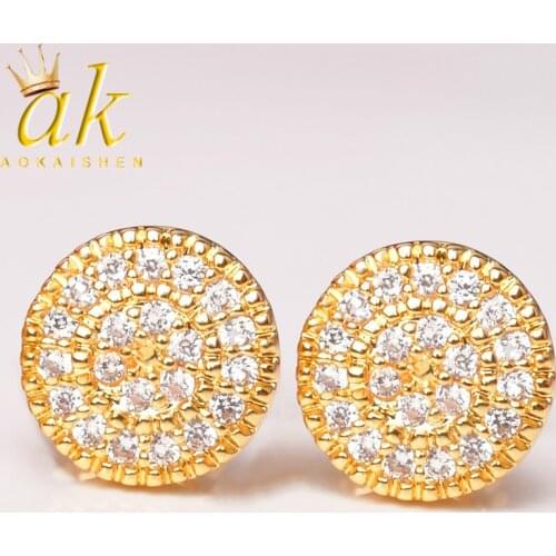 8MM Gold Color Small Round Stud Earring AAAA Cubic Zircon Screw Back Mens Earrings Fashion Hip Hop Jewelry