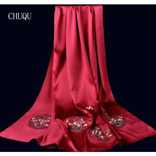 CHUQU Women Embroidery 100% Pure Silk Scarf Luxury Brand 2021 Natural Silk Shawls and Wraps for Ladies Long Real Silk Scarves
