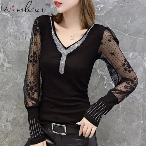 Women T-shirt Cotton New Diamonds Tee Tops Spring Female T shirt Lantern Sleeve Lace V Neck Tshirts For Women Clothing T03015B