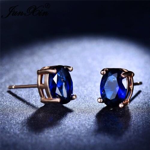 JUNXIN Mystical Fire Birthstone Oval Stud Earrings For Women Men White Gold Rose Gold Filled Blue Black Purple Zircon Earrings
