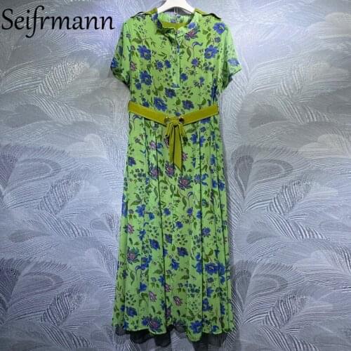 Seifrmann New 2021 Summer Women Fashion Designer Loose Long Dress Short Sleeve Bow Sashes Floral Print Ladies Dresses Vestidos