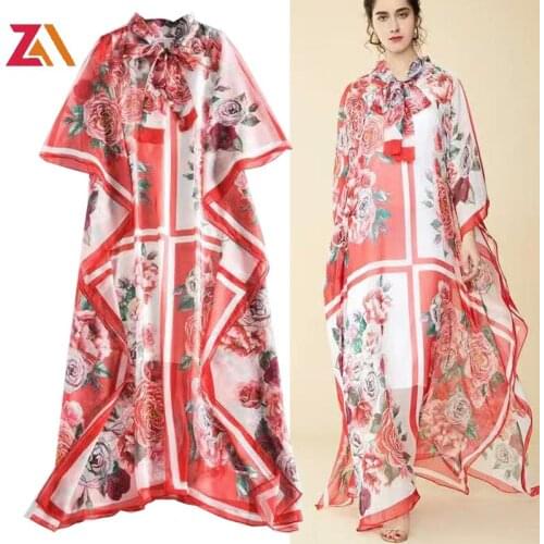 ZALady designer runway maxi dress womens batwing sleeve bow collar vintage loose elegant rose floral oversized dresses vestidos