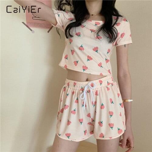 CAIYIER Womens Kawaii Sleepwear Suit Cute Sweet Print Sexy Super Short Leakage Umbilical Tops+Elastic Waist Short Pants Pajamas