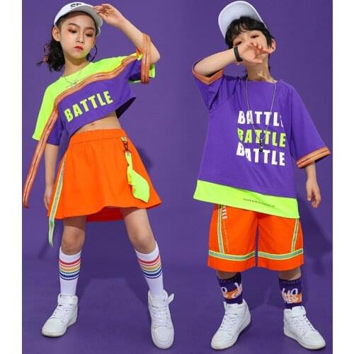 Ballroom Hip Hop Childrens Wear Street Dnce Costume Short Sleeve Tops Girls Orange Shorts Summer Jazz Performance Outfit BL5987