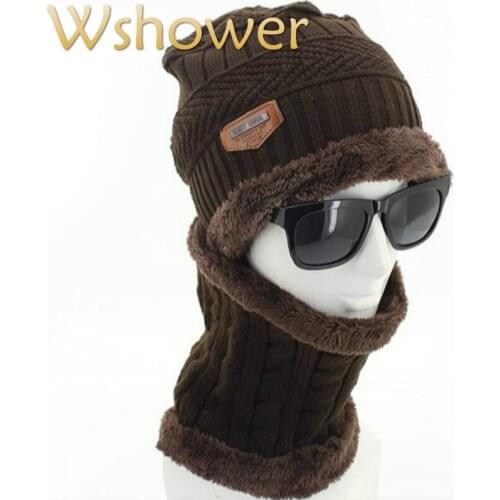Which in shower faux fur lining winter hat bib set men thick warm fleece lining winter beanie scarf set male knitted cap gorras