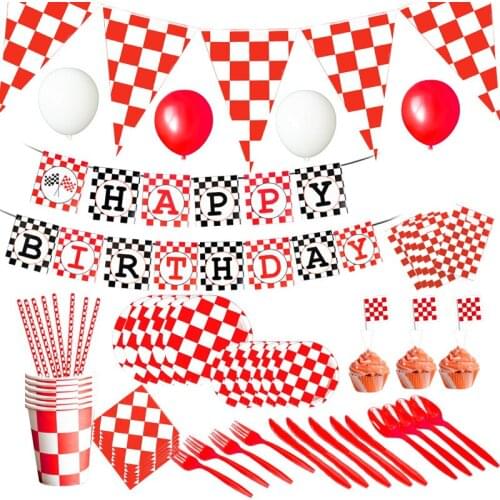 Red、white Racing Car theme disposable tableware Racing Car Flag theme birthday party decorations Racing Flag theme plates cups