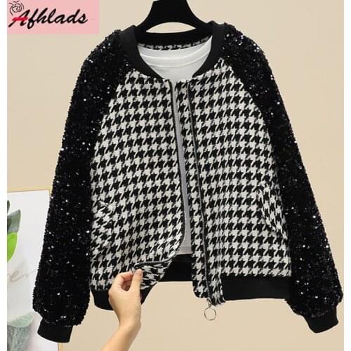 Houndstooth Coats Jacket For Women 2020 New Sequin Stitching Long Sleeve Loose Fashion Vintage Round Neck Plaid Outerwear