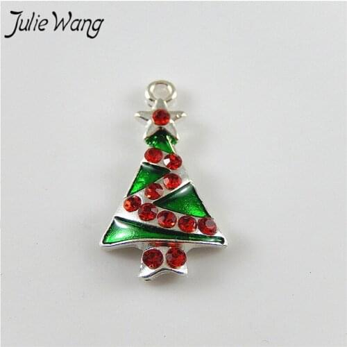 Julie Wang 5pcs Shiny Mini Green Enamel Christmas Tree Alloy Charms Making Xmas Family Girl Friend Earring Dangle Jewelry Gift