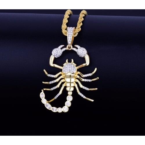 Hip Hop Gold Color Animal Scorpion Necklace Pendant With Rope Chain Bling Cubic Zircon Cool Mens Rock Biker Jewelry Gift