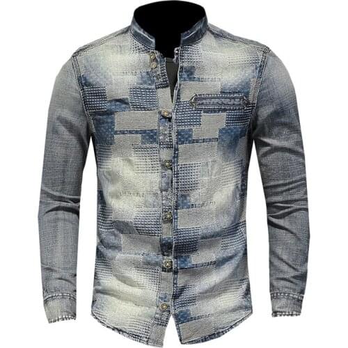 Mens Long Sleeve Patch Blue Denim Shirt Personalized Plaid Casual Shirt Mens Long Sleeve Thin Jacket