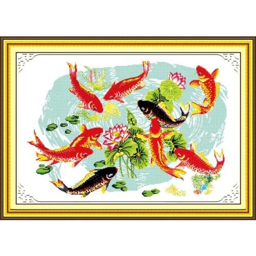 Night fishes play with lotus cross stitch kit cartoon canvas stitching embroidery DIY handmade needlework