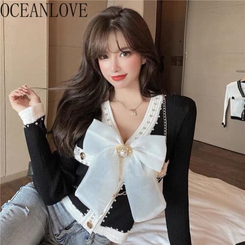 OCEANLOVE Bow Sweet Cadigans V Neck Contrast Color Autumn Winter Short Sweater Beading Elegant Slim Sexy Women Tops Knitwear