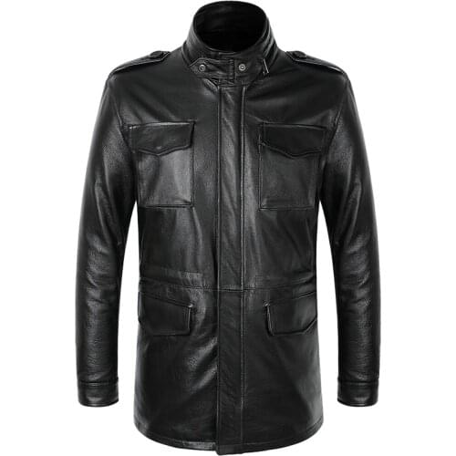 M65 Field Jacket Military Mens Genuine Leather Trench Autumn Winter Cowhide Leather Coat Multiple Pockets Real Leather Overcoat