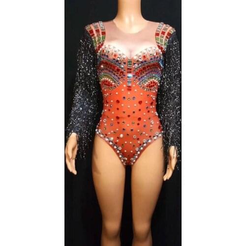 Multicolor Stones Fringes Sleeves Sexy Red Bodysuit Female Singer Stage Show Wear Birthday Celebrate Tassel Outfit