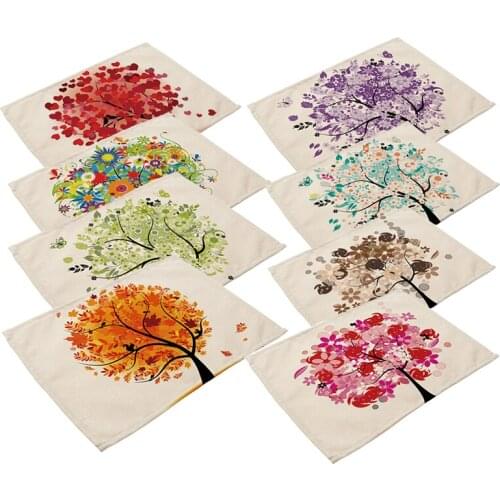 Hand Painted Wishing Tree Pattern Cotton Linen Placemat Insulation Dining Table Mat Coasters New Year Kitchen Accessories