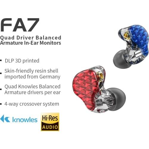 FiiO FA7 3D Printed Detachable Cable MMCX Design Quad Driver Balanced Armature HIFI In-Earphone/Headphone for iOS and Android