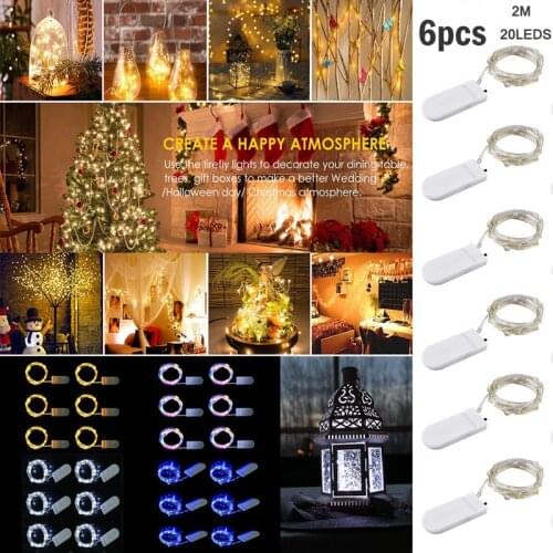 6Pcs/set 200CM 20 LED Battery Copper Wire Fairy String Lights Wedding Party Light Decor
