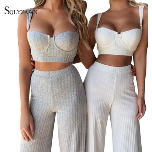 Knitted Rib Stripe 2 Piece Set Women Bodycon Crop Top + Wide Leg Palazzo Pants Sweat Suits Vintage Matching Sets Party Outfits