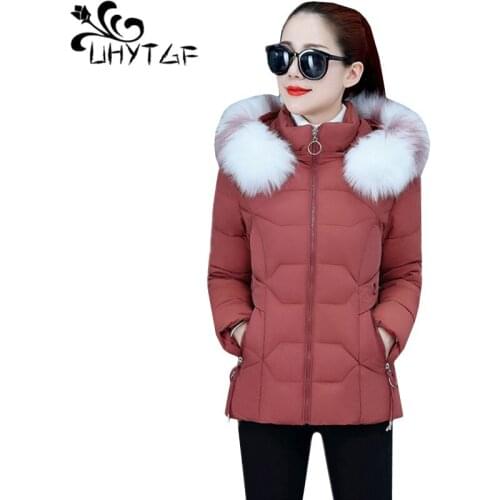 UHYTGF Winter Coat Women Fashion Fur Collar Hooded Down Jacket Thicken Student Short Outerwear Korean Casual Plus Size Tops 1087