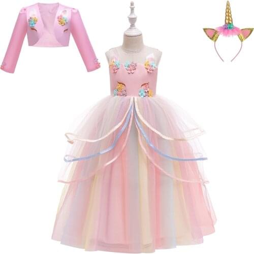 Rainbow Unicorn Cosplay Fancy Tutu Princess Children Birthday Party Prom Evening Infant Long Summer Dress Vestidos Girls Clothes