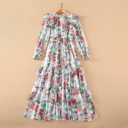 Europe and the United States womens clothing New Summer 2021 Long sleeve collar Fashion print flounces Pleated dress