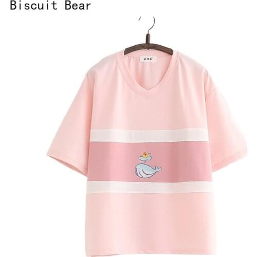 Women 2021 Summer Cotton T-Shirts Short Sleeve V-neck Harajuku Cartoon Embroidery Female Basic Casual Patchwork Tops Tees