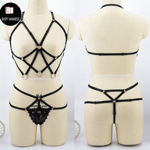 Gothic Top Body Harness Elastic Bra Fetish Rave Wear Cage Bra Lace Underpants Belt G-strings Elastic Adjustable Harness Suit